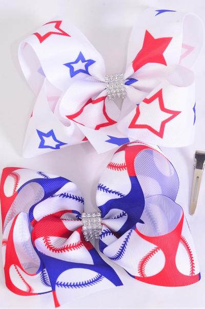 Hair Bow Jumbo Patriotic Baseball Star Pattern Mix Grosgrain Bow-tie / 12 pcs Bow = Dozen Alligator Clip , Bow-6"x 5" Wide , 6 of each Pattern Asst , Clip Strip & UPC Code