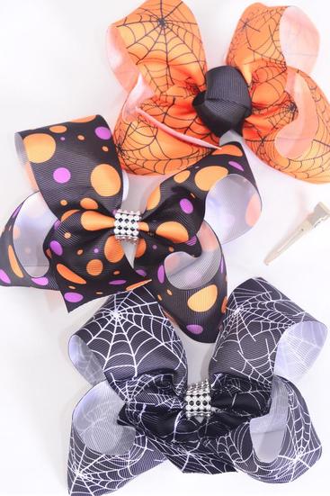 Hair Bow Jumbo Halloween Spider Web Polkadots Mix Grosgrain Bow-tie/DZ Alligator Clip, Size-6"x 5" Wide, 4 Of each Pattern Mix, Clip Strip & UPC Code