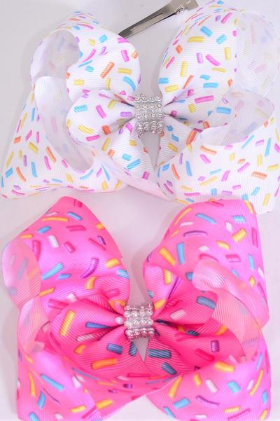 Hair Bow Jumbo Jimmies Sprinkles Grosgrain Bow-tie Pastel / 12 pcs Bow = Dozen Alligator Clip , Size - 6" x 5" Wide , 6 of each Pattern Asst , Clip Strip & UPC Code