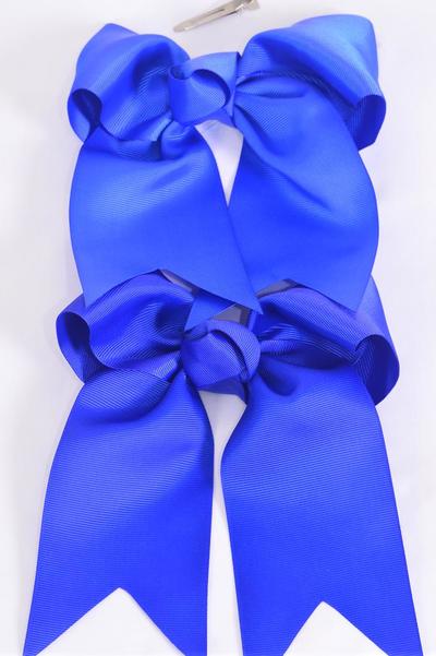 Hair Bow Extra Jumbo Long Tail Cheer Type Bow Royal Blue Mix Grosgrain Bow-tie / 12 pcs Bow = Dozen Alligator Clip , Size - 6" x 5" Wide , 6 Royal Blue , 6 Electric Blue Mix , Clip Strip & UPC Code
