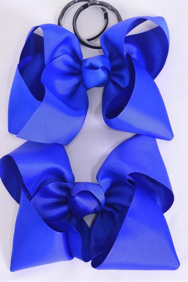 Hair Bow Extra Jumbo Cheer Type Bow Royal Blue Mix Elastic Pony Grosgrain Bow-tie / 12 pcs Bow = Dozen  Elastic Pony , Size-8"x 7" Wide , 6 Electric Blue , 6 Cobalt Asst , Clip Strip & UPC Code