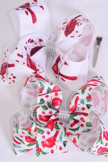 Hair Bow Jumbo Red Cardinals Grosgrain Bow-tie / 12 pcs Bow = Dozen  Alligator Clip , Bow - 6" x 5" Wide ,  6 of each Pattern Asst , Clip Strip & UPC Code
