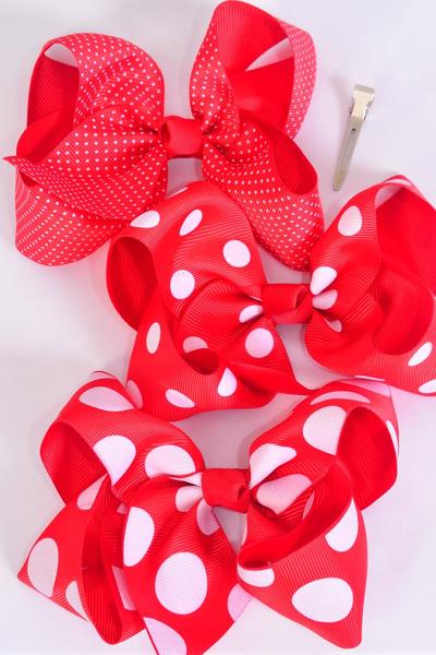 Hair Bow Jumbo Red Polka-dots Mix Grosgrain Bow-tie/DZ Alligator Clip, Size-6"x 5" Wide, 4 Of each Pattern Mix, Clip Strip & UPC Code