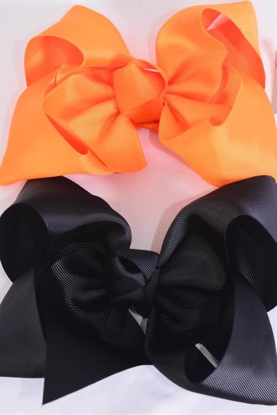 Hair Bow Jumbo Black Orange Mix Grosgrain Fabric Bow-tie / 12 pcs Bow = Dozen  Alligator Clip , Size- 6"x 5" Wide , 6 Black , 6 Orange Mix , Clip Strip & UPC Code