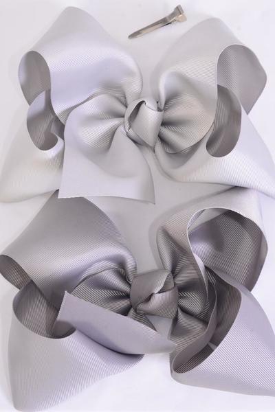 Hair Bow Extra Jumbo Cheer Type Bow Gray Mix Grosgrain Bow-tie / 12 pcs Bow = Dozen Gray Mix , Alligator Clip , Size - 8" x 7" Wide , 6 of Pattern Asst , Clip Strip & UPC Code
