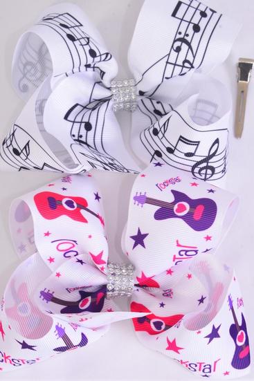 Hair Bow Jumbo Rock Star Music Note Grosgrain Bow-tie / 12 pcs = Dozen  Alligator Clip , Size - 6" x 5" Wide , 6 Of Each Pattern Asst , Clip Strip & UPC Code