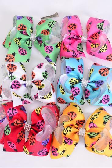 Hair Bow Jumbo Ladybug Grosgrain Bow-tie Multi / 12 pcs bow = Dozen Alligator Clip , Size - 6" x 5" Wide , 2 Of each Pattern Asst , Clip Strip & UPC Code