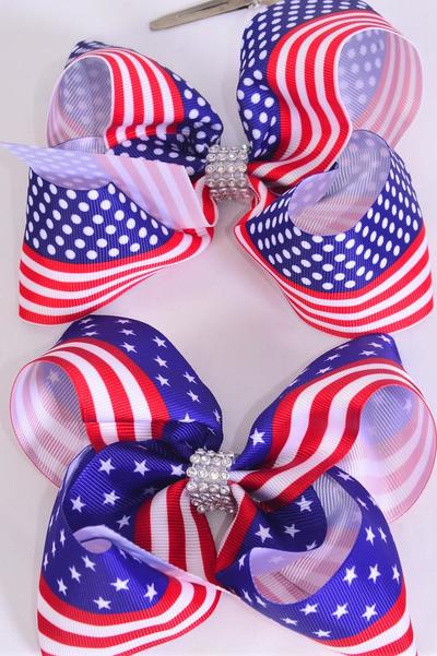 Hair Bow Jumbo Patriotic Flag Grosgrain Bow-tie / 12 pcs Bow = Dozen Alligator Clip , Bow - 6" x 5" Wide , 6 of each Pattern Asst , Clip Strip & UPC Code