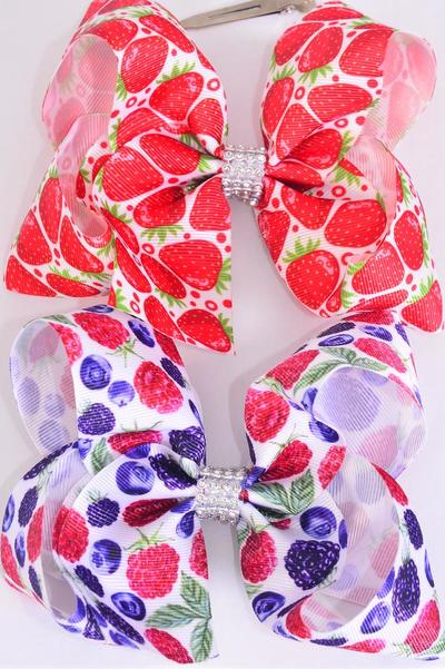 Hair Bow Jumbo Strawberry Raspberry Blackberry Blueberry Mix Grosgrain Bow-tie / 12 pcs Bow = Dozen Alligator Clip , Size - 6" x 5" Wide , 6 of each Pattern , Clip Strip & UPC Code