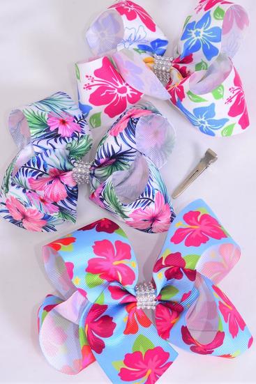 Hair Bow Jumbo Tropic Flowers Mix Grosgrain Bow-tie / 12 pcs Bow = Dozen Aloha , Alligator Clip , Size - 6" x 5" Wide , 4 Of Each Pattern Asst , Clip Strip & UPC Code