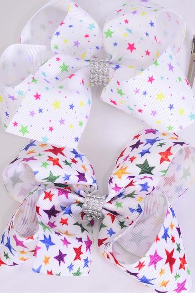 Hair Bow Jumbo Stars Mix Grosgrain Bow-tie / 12 pcs Bow = Dozen Alligator Clip , Size - 6" x 5" Wide , 6 Of Each Pattern Asst , Clip Strip & UPC Code