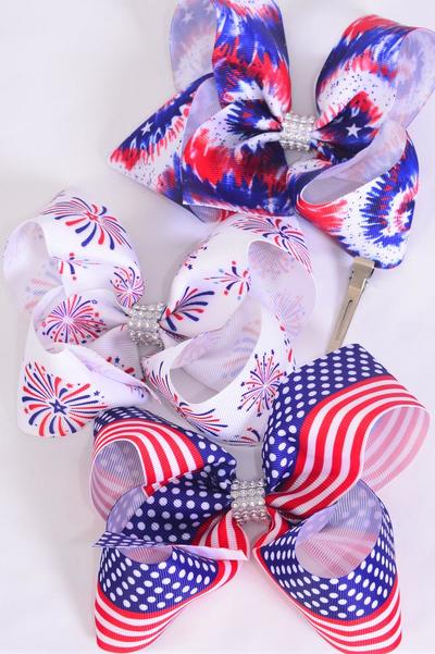 Hair Bow Jumbo Patriotic Flag Firework Tiedye Mix Grosgrain Bow-tie / 12 pcs Bow = Dozen Alligator Clip , Bow - 6" x 5" Wide , 4 Of Each Pattern Asst , Clip Strip and UPC Code