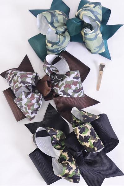 Hair Bow Jumbo Double Layered Camouflage Mix Grosgrain Bow-tie / 12 pcs = Dozen Camo , Alligator Clip , Size - 6" x 5" Wide , 4 of each Pattern Aast , Clip Strip & UPC Code