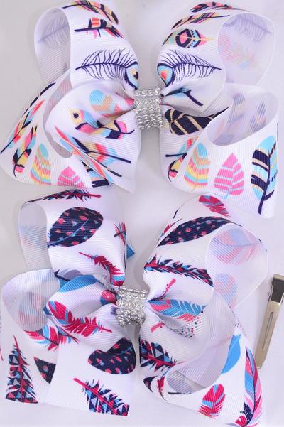 Hair Bow Jumbo Feather Pattern Mix Grosgrain Bow-tie / 12 pcs bow = Dozen Alligator Clip , Size - 6" x 5" Wide , 6 Of Each Pattern Asst , Clip Strip and UPC Code