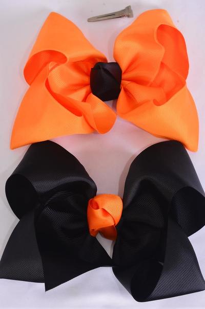 Hair Bow Extra Jumbo Cheer Type Bow Black Orange Mix Grosgrain Bow-tie / 12 pcs Bow = Dozen Size-8"x 7" Wide , Alligator Clip , 6 Black , 6 Autumn Orange Mix , Clip Strip & UPC Code