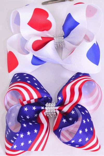 Hair Bow Jumbo Patriotic Flag Heart Mix Grosgrain Bow-tie / 12 pcs Bow = Dozen  Alligator Clip , Bow - 6" x 5" Wide , 6 of each Pattern Asst , Clip Strip and UPC Code