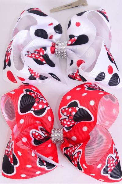 Hair Bow Jumbo Mouse Ear Polka-dot Grosgrain Bow-tie/DZ Size-6"x 5" Wide,Alligator Clip,6 Of Each Pattern Asst,Clip Strip & UPC Code