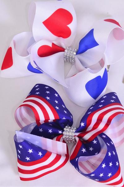 Hair Bow Jumbo 4th of July Patriotic Flag & Heart Mix Grosgrain Bow-tie / 12 pcs Bow = Dozen Alligator Clip , Bow-6"x 5" Wide , 6 of each Pattern Asst , Clip Strip & UPC Code
