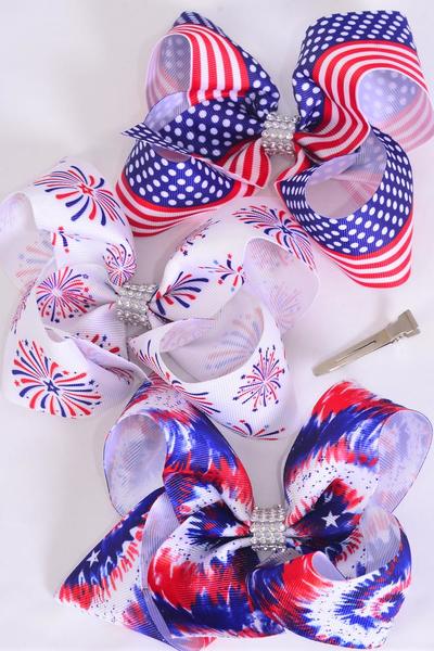 Hair Bow Jumbo 4th of July Patriotic Flag & Firework Tiedye Mix Grosgrain Bow-tie / 12 pcs Bow = Dozen Alligator Clip , Bow - 6" x 5" Wide , 4 Of Each Pattern Asst , Clip Strip and UPC Code