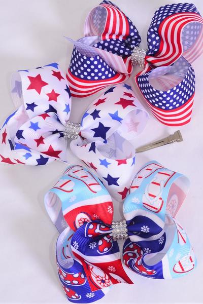 Hair Bow Jumbo 4th of July Patriotic Flag & Stars Flip Flop Mix Grosgrain Bowtie /DZ Alligator Clip, Bow-6"x 5" Wide, 4 Of Each Pattern Asst, Clip Strip & UPC Code