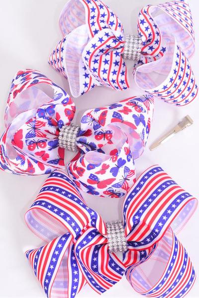 Hair Bow Jumbo 4th of July Patriotic Flag Star & Butterfly Mix Grosgrain Bow-tie /  Dozen Alligator Clip , Bow-6"x 5" Wide , 4 Of Each Pattern Asst , Clip Strip & UPC Code