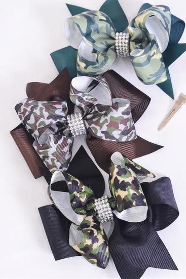 Hair Bow Jumbo Double Layered Camouflage Mix Grosgrain Bow-tie/DZ Alligator Clip, Size-6"x 6" Wide, 3 of each Pattern Aast, Clip Strip & UPC Code