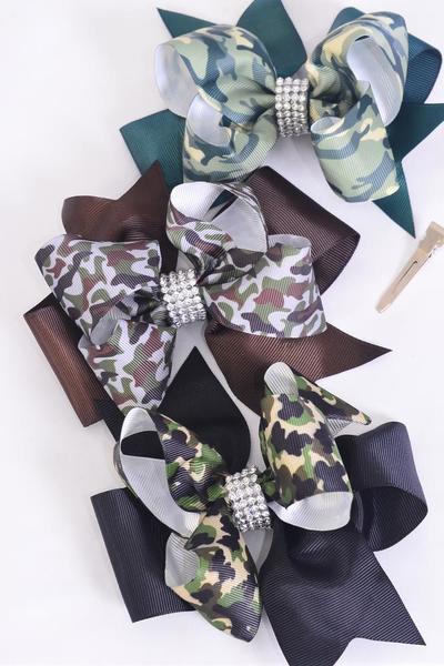 Hair Bow Jumbo Double Layered Camouflage Mix Grosgrain Bow-tie/DZ Alligator Clip, Size-6"x 6" Wide, 3 of each Pattern Aast, Clip Strip & UPC Code