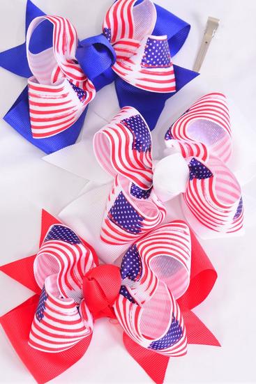 Hair Bow Jumbo Double Layered Patriotic-Flag Grosgrain Bow-tie / 12 pcs Bow = Dozen Alligator Clip , Bow - 6" x 5" Wide , 4 Red , 4 White , 4 Royal Blue Color Asst , Clip Strip & UPC Code