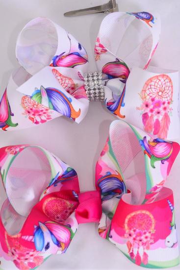 Hair Bow Jumbo Unicorn & Dream Catcher Grosgrain Bowtie/DZ Alligator Clip, Size-6"x 5" Wide, 6 Of each Pattern Asst, Clip Strip & UPC Code