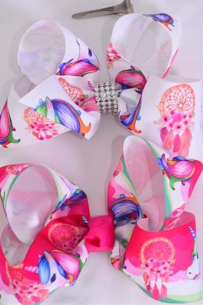 Hair Bow Jumbo Unicorn & Dream Catcher Grosgrain Bowtie/DZ Alligator Clip, Size-6"x 5" Wide, 6 Of each Pattern Asst, Clip Strip & UPC Code