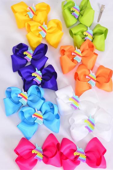 Hair Bow 24 pcs Center Fidget Autism Unicorn Charm Grosgrain Bow-tie Citrus / 24 pcs = Dozen  Citrus , Alligator Clip , Size - 3.5" x 3" Wide , 2 White ,2 Fuchsia ,2 Yellow ,2 Purple ,2 Blue ,1 Lime ,1 Orange Color Mix , Clip Strip & UPC Code