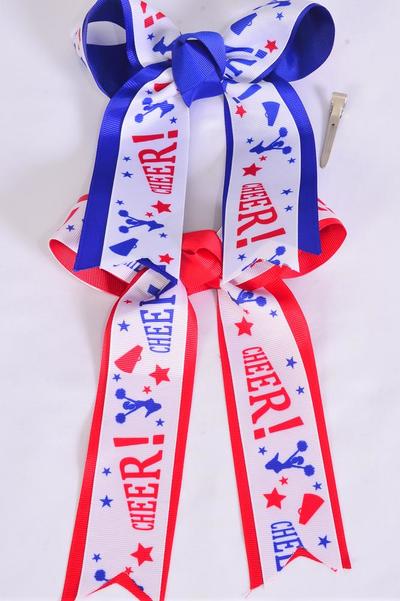 Hair Bow Long Tail Cheerleader Bow Double Layered Grosgrain Bow-tie / 12 pcs Bow = Dozen  Alligator Clip , Bow - 6.5" x 6" Wide , 6 of each Pattern Asst , Clip Strip & UPC Code