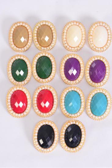 Earrings Metal Oval Poly Stone Pearl All Around Multi / 12 Pair = Dozen  Post , Size -1.25" x 1" Wide , 2 Red , 2 Black , 2 White , 2 Blue , 2 Purple, 1 Green, 1 Khaki Mix , Earring Card & OPP bag & UPC Code