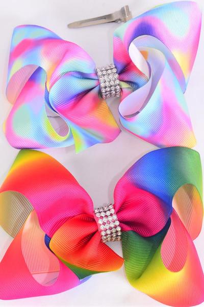 Hair Bow Jumbo Tiedye Gradient Rainbow Grosgrain Bow-tie / 12 pcs = Dozen  Alligator Clip , Size - 6" x 5" Wide , 6 Of Each Pattern Asst , Clip Strip & UPC Code