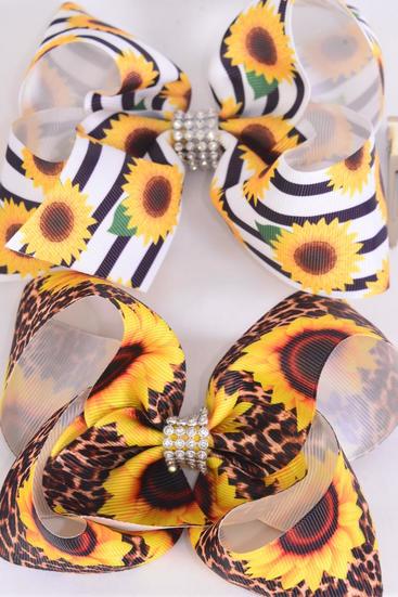 Hair Bow Jumbo Sunflower Grosgrain Bow-tie / 12 pcs Bow = Dozen Alligator Clip , Size - 6" x 5" Wide , 6 Of Each Pattern Asst , Clip Strip and UPC Code