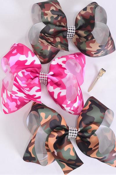 Hair Bow Jumbo Camouflage Grosgrain Bow-tie / 12 pcs Bow = Dozen Camo , Alligator Clip , Size - 6" x 5" Wide , 4 Of each Pattern Asst , Clip Strip & UPC Code