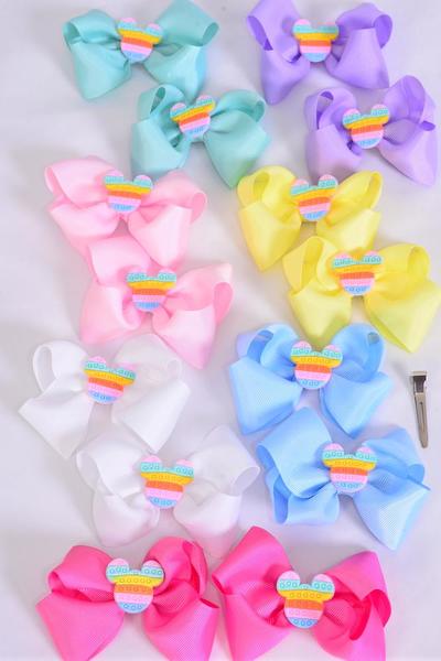 Hair Bow 24 pcs Center fidget Autism Mouse Charm Grosgrain Bow-tie Pastel / 24 pcs Bow = Dozen  Alligator Clip , Size-3.5"x 3" Wide , 2 White , 2 Pink , 2 Yellow , 2 Lavender , 2 Blue , 1 Hot Pink , 1 Mint Green Color Mix , Clip Strip & UPC Code