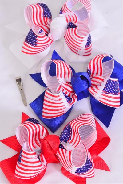 Hair Bow Jumbo Double Layered 4th of July Patriotic-Flag Grosgrain Bow-tie / 12 pcs Bow = Dozen  Alligator Clip , Bow-6"x 6" Wide , 4 Red , 4 White , 4 Royal Blue Color Asst , Clip Strip & UPC Code