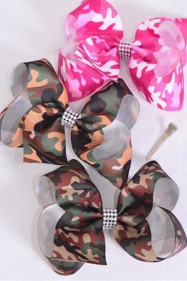 Hair Bow Jumbo Camouflage Grosgrain Bow-tie / 12 pcs Bow = Dozen Camo , Alligator Clip , Size - 6" x 5" Wide , 4 Of each Pattern Asst , Clip Strip & UPC Code