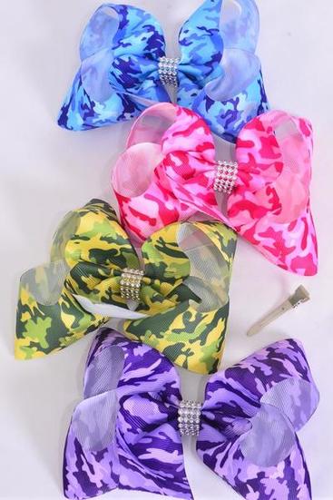 Hair Bow Jumbo Camouflage Grosgrain Bow-tie/DZ Camouflage, Alligator Clip, Size-6"x 5" Wide, 3 Of each Color Asst, Clip Strip & UPC Code