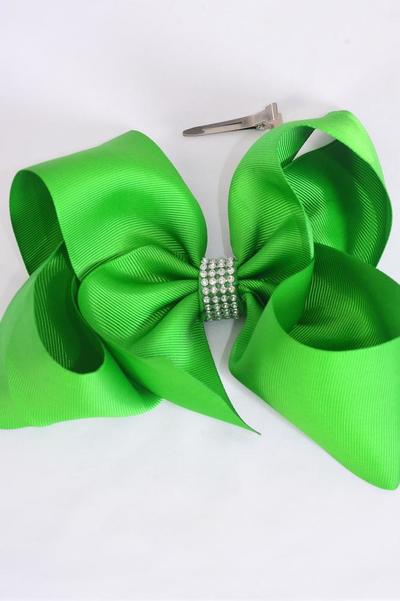 Hair Bow Jumbo Center Clear Stones Green Grosgrain Bow-tie /12 pcs Bow = Dozen Classic Green , Alligator Clip , Bow - 6" x 5" , Clip Strip & UPC Code