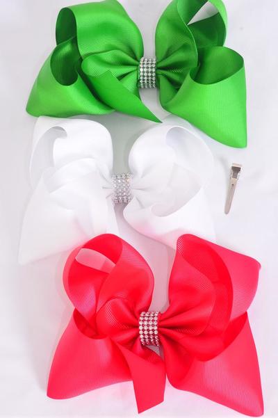 Hair Bow Jumbo XMAS Center Clear Stones Red White Green Mix Grosgrain Bow-tie / 12 pcs Bow = Dozen Alligator Clip , Size-6"x 5" Wide , 4 of each Pattern Asst , Clip Strip & UPC Code.