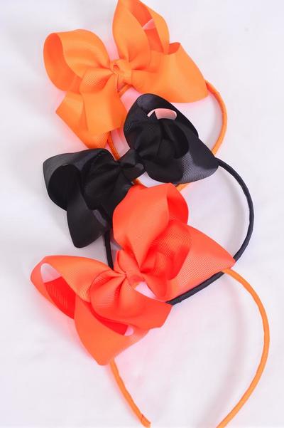 Headband Horseshoe Black Orange Mix Grosgrain Bow-tie / 12 pcs Bow = Dozen  Bow Size - 4"x 3" Wide , 4 of each Pattern Mix , Hang Tag & UPC Code , W Clear Box