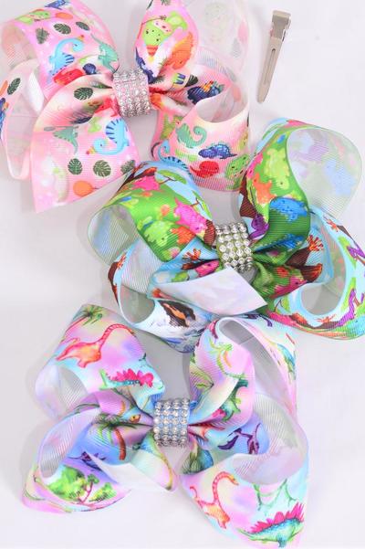 Hair Bow Jumbo Cute Baby Dinosaur Grosgrain Bow-tie Dino / 12 pcs Bow = Dozen Dino , Alligator Clip , Bow - 6" x 5" Wide , 4 of each Pattern Asst , Clip Strip & UPC Code