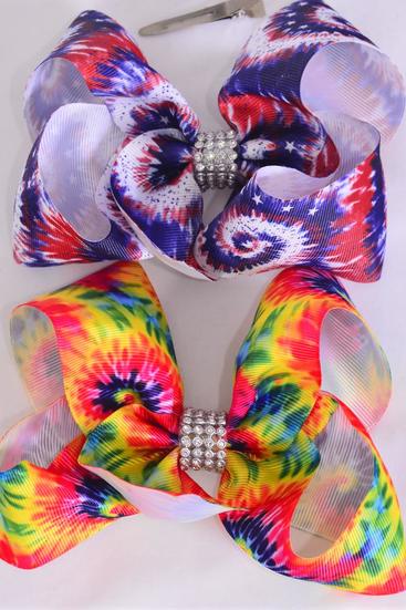 Hair Bow Jumbo Gradient Tiedye Grosgrain Bow-tie / 12 pcs Bow = Dozen  Alligator Clip , Size - 6" x 5" Wide , 6 of each Pattern Asst , Clip Strip & UPC Code