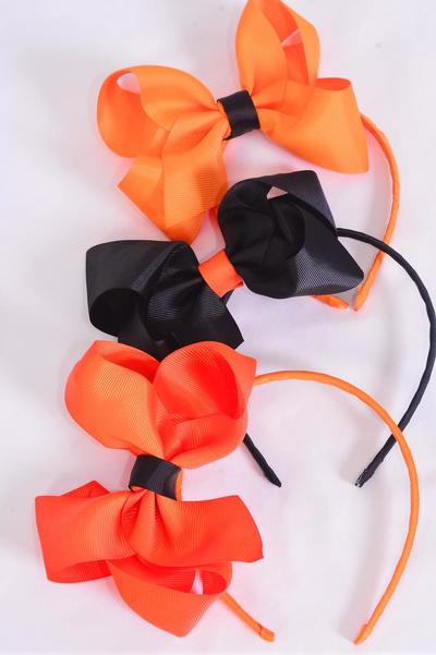 Headband Horseshoe Black Orange Mix Grosgrain Bow-tie / 12 pcs Bow = Dozen Bow-6"x 5" Wide , 4 of each Color Asst , Hang Tag & UPC Code , Clear Box