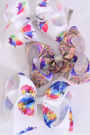 Hair Bow Jumbo Foliage Tree Etc Grosgrain Bow-tie / 12 pcs Bow = Dozen Alligator Clip , Size - 6" x 5" Wide , 4 of Each Pattern Asst , Clip Strip & UPC Code