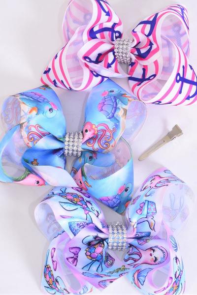 Hair Bow Jumbo Happy Turtle Octopus Nautical Anchor Mix Grosgrain Bow-tie / 12 pcs Bow = Dozen Alligator Clip , Size - 6" x 5" Wide , 6 Of Each Pattern Asst , Clip Strip and UPC Code