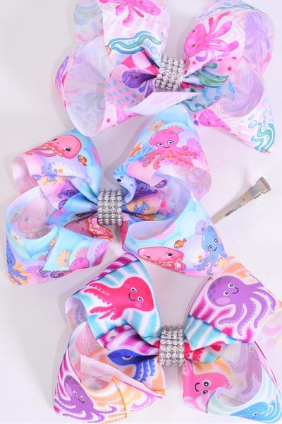 Hair Bow Jumbo Happy Octopus Grosgrain Bow-tie / 12 pcs Bow = Dozen Alligator Clip , Size - 6" x 5" Wide , Clip Strip and UPC Code