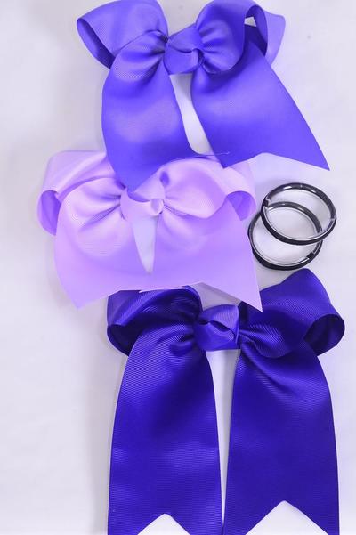 Hair Bow Extra Jumbo Long Tail Cheer Type Bow Purple Mix Elastic Grosgrain Bow-tie / 12 pcs Bow = Dozen Purple Mix , Elastic , Size - 6.5" x 6" Wide , 4 Purple , 4 Violet , 4 Lavender Color Asst , Clip Strip & UPC Code